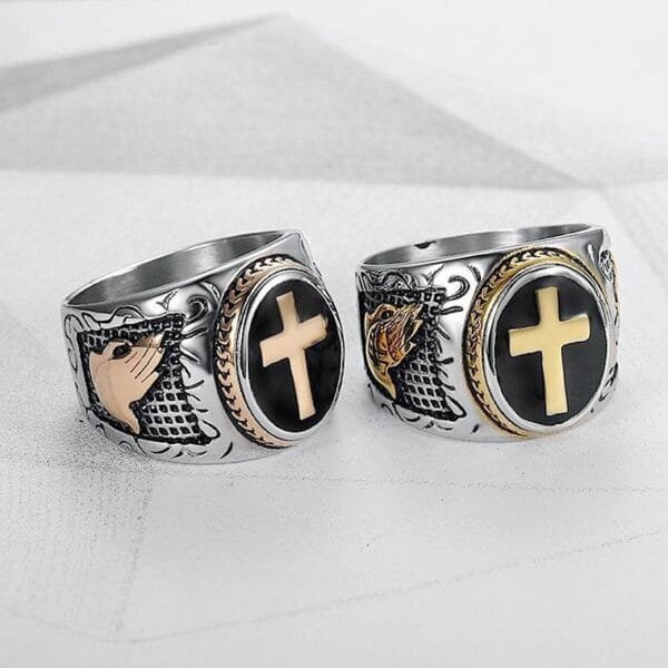 Hot selling P jewelry titanium steel color retaining vacuum gold plated God's Hand men's ring - Image 8