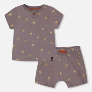 Organic Cotton Top And Short Set Dark Grey With Printed Pixel Dog