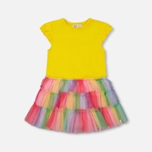 Short Sleeve Dress With Ruffle Tulle Skirt Multicolored